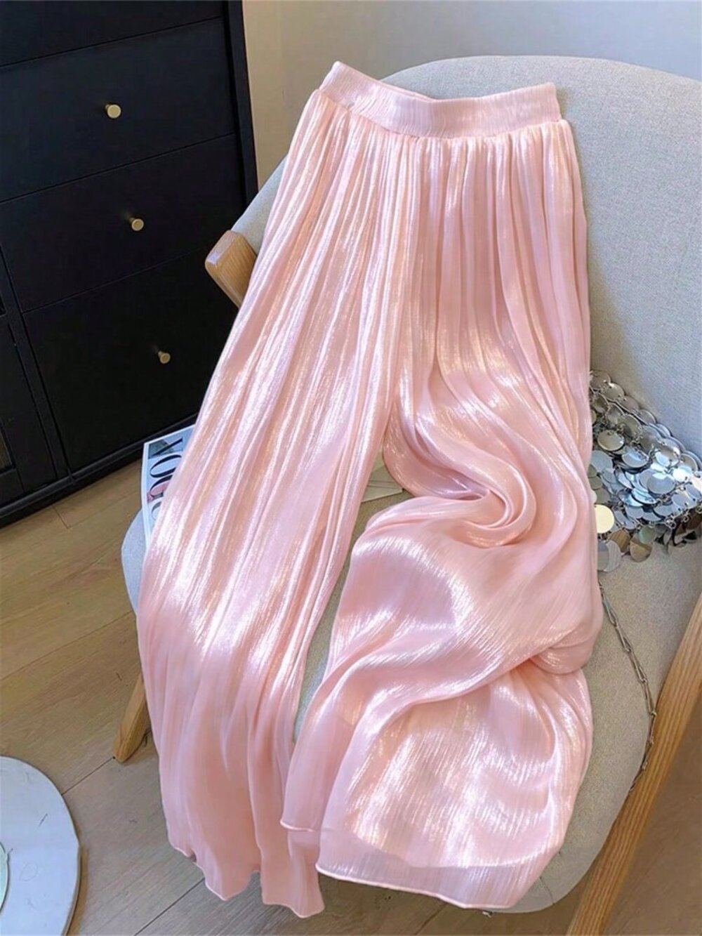Baby Pink Casual Women's Elegant Crinkle Elastic Waist Long Pants